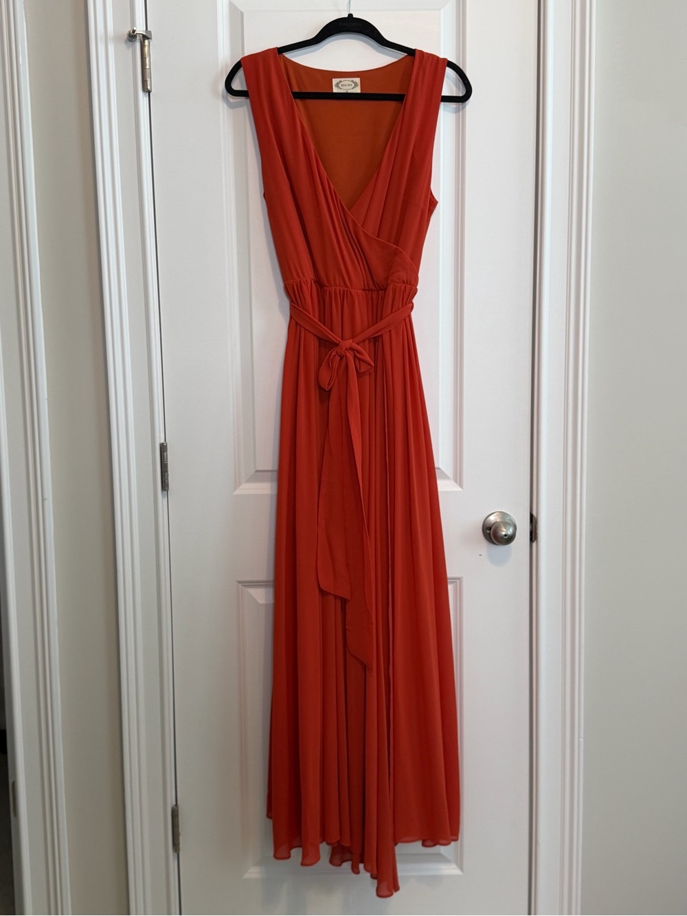 Sleeveless Faux-Wrap Maxi Dress in Burnt Orange with Self-Tie Waist